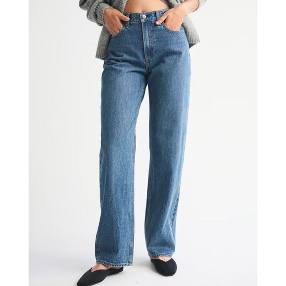 Abercrombie & Fitch Blue Loose High Rise Straight Leg Jeans Pants size 32/14S - Picture 1 of 8